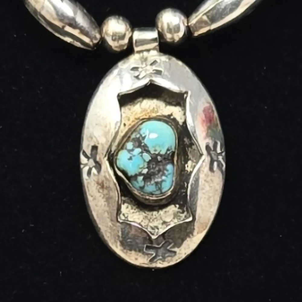 Vintage Sterling Silver Beaded Necklace With Turquise Stone Pendant 16 Inches - Picture 3 of 9